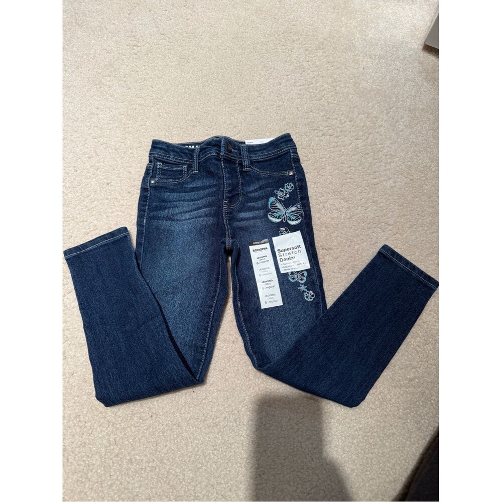 Sonoma Dark Blue Skinny Jeans with Teal Butterfly Embroidery Girls 6